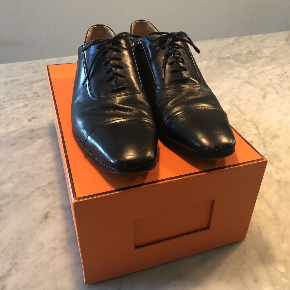 Hermes Black Leather Cap-Toe Oxfords Size 41 US 8